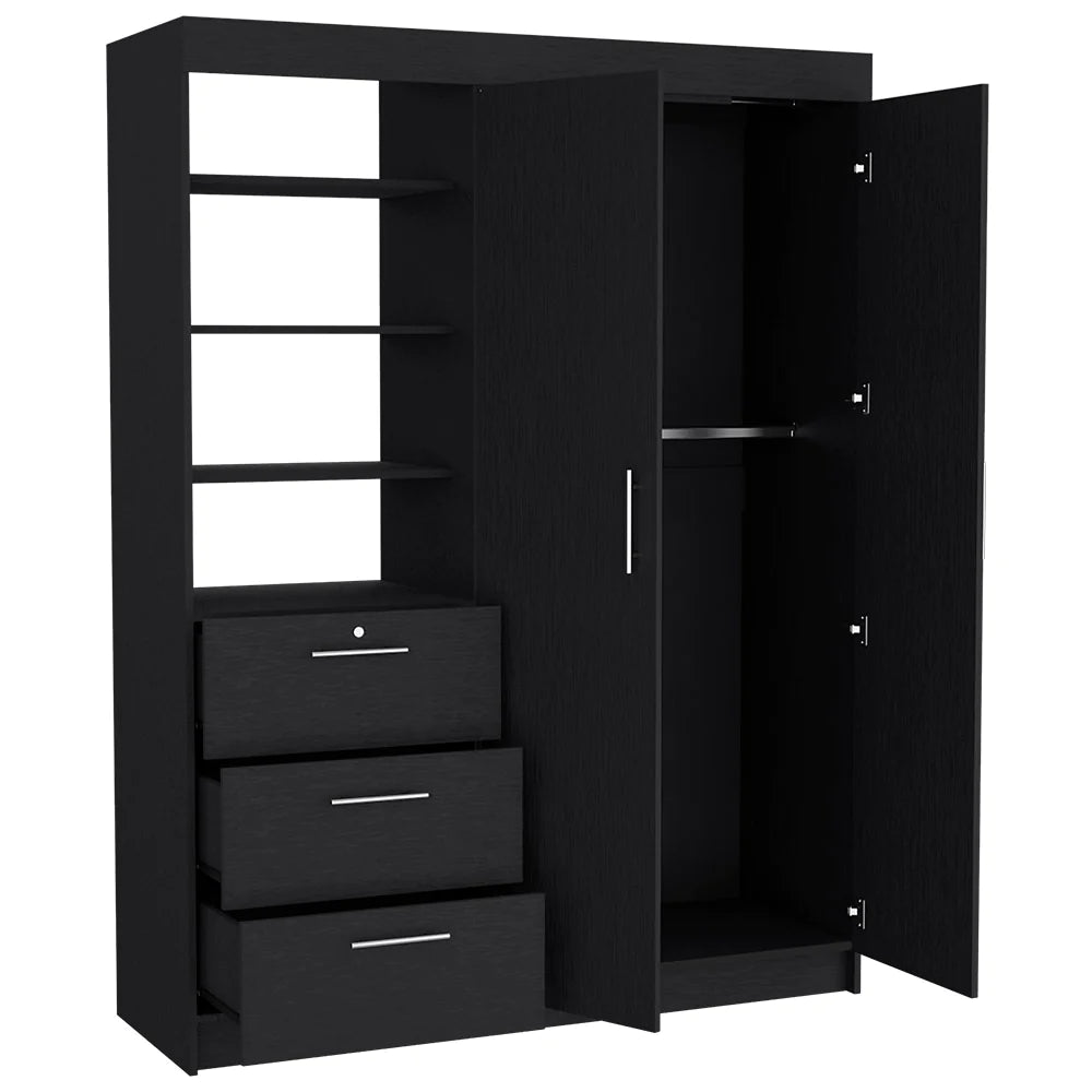 "Modern and Chic Kenya Bedroom Set: Stylish Armoire and Nightstand in Sleek Black Wengue Finish"