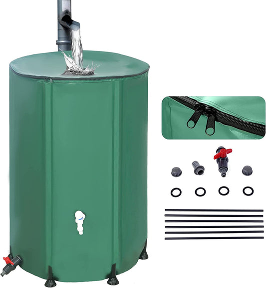 "Save Water and Money with Our Convenient and Eco-Friendly Collapsible Rain Barrel - Perfect for Gardeners and Outdoor Enthusiasts! (53 Gallon Green with Zipper)"