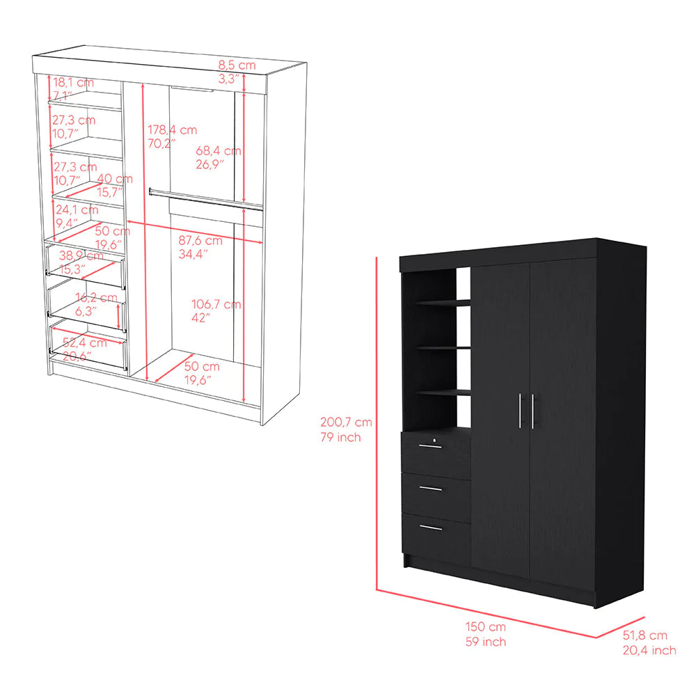 "Modern and Chic Kenya Bedroom Set: Stylish Armoire and Nightstand in Sleek Black Wengue Finish"