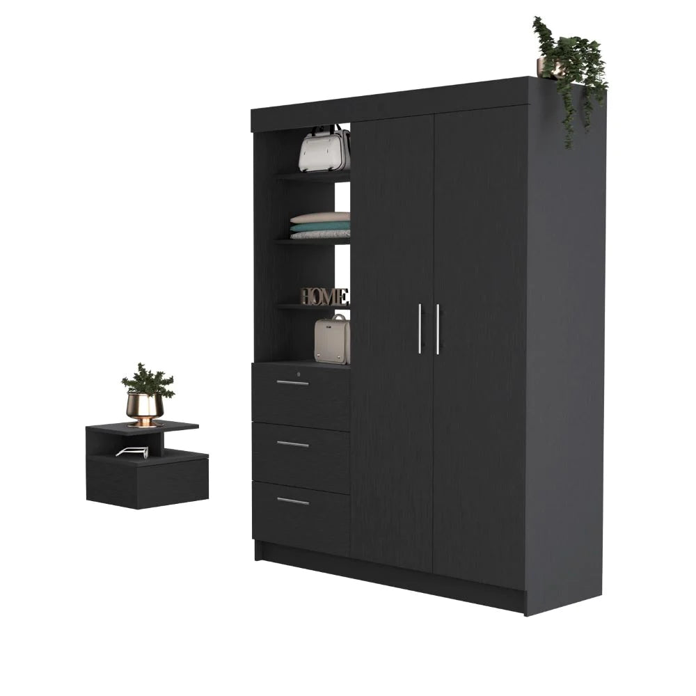 "Modern and Chic Kenya Bedroom Set: Stylish Armoire and Nightstand in Sleek Black Wengue Finish"