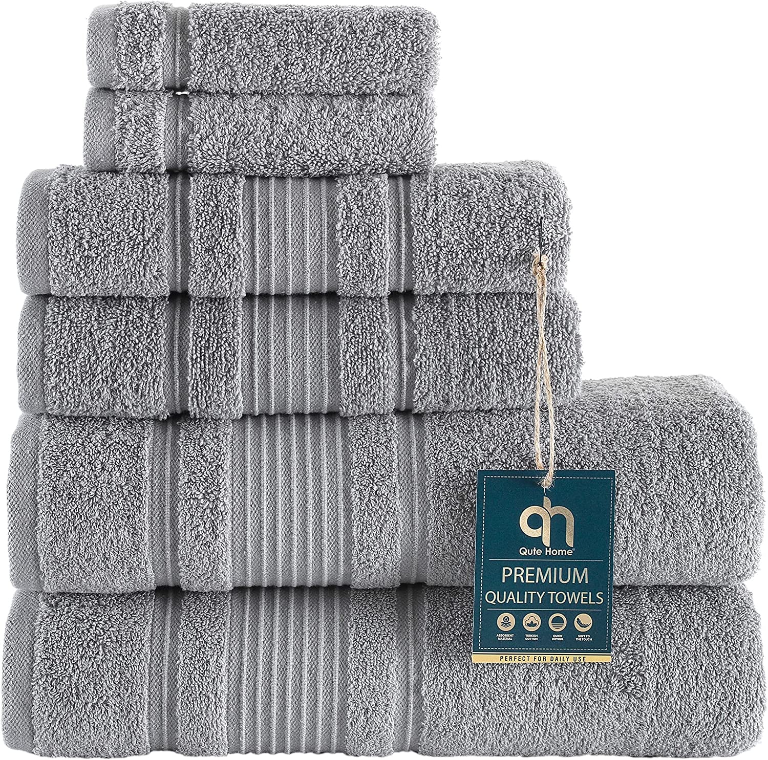 "Luxurious 6-Piece Bath Towel Set - Ultra-Soft Turkish Cotton, Premium Quality, Absorbent and Stylish - Includes 2 Bath Towels, 2 Hand Towels, and 2 Washcloths - Perfect for a Cozy Bathroom Experience - Elegant Grey Design"