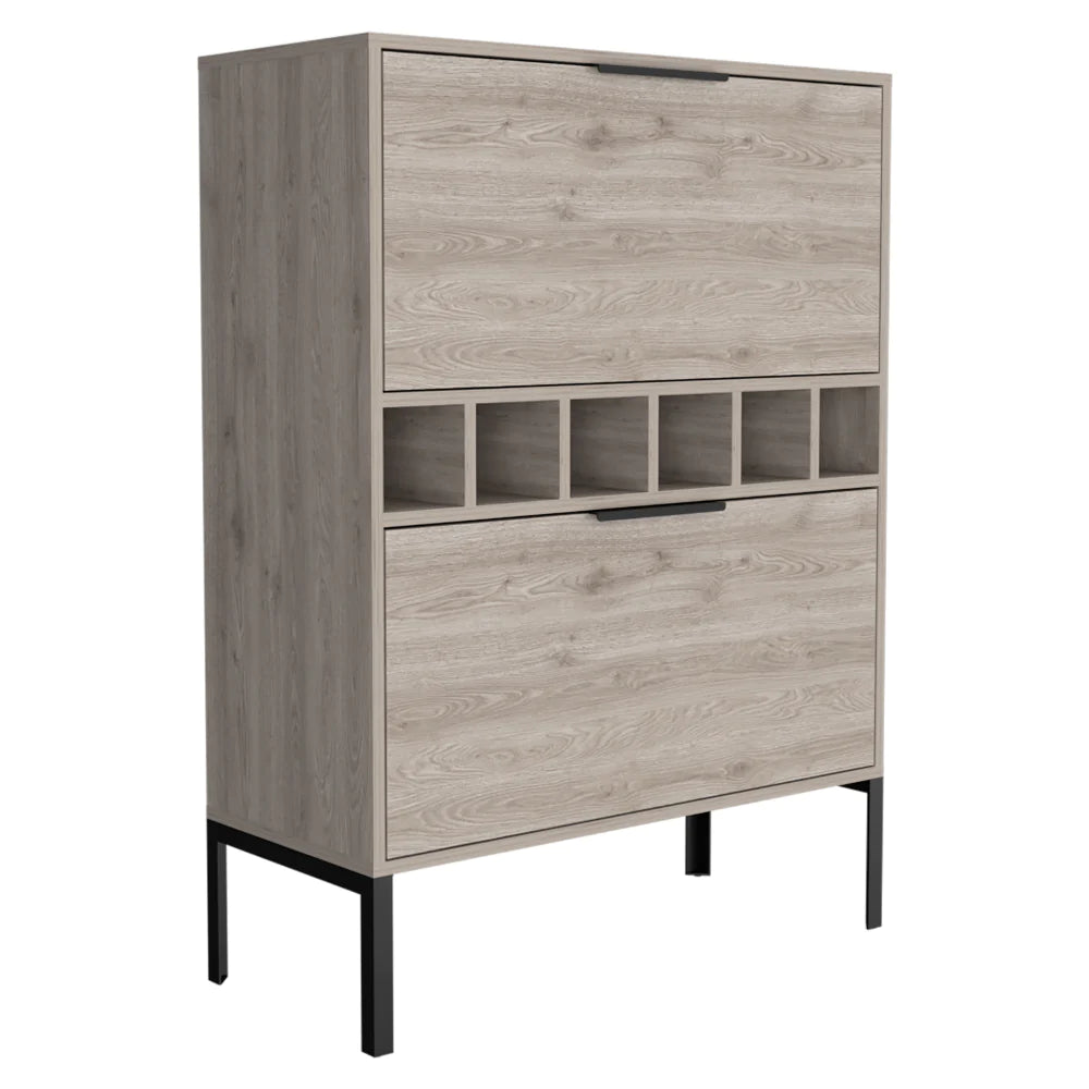 "Stylish Bar Cabinet with Wine Cubbies and Double Door Cabinet in Light Gray Finish - Puertu Collection"