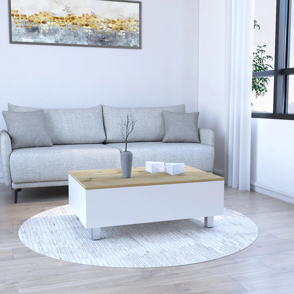 "Annapolis Lift Top Coffee Table with Hidden Storage - Elegant White and Light Oak Finish"