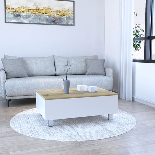 "Annapolis Lift Top Coffee Table with Hidden Storage - Elegant White and Light Oak Finish"