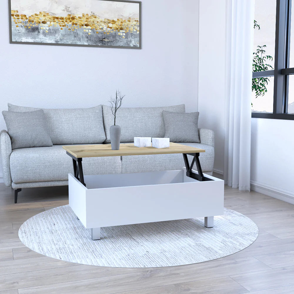 "Annapolis Lift Top Coffee Table with Hidden Storage - Elegant White and Light Oak Finish"