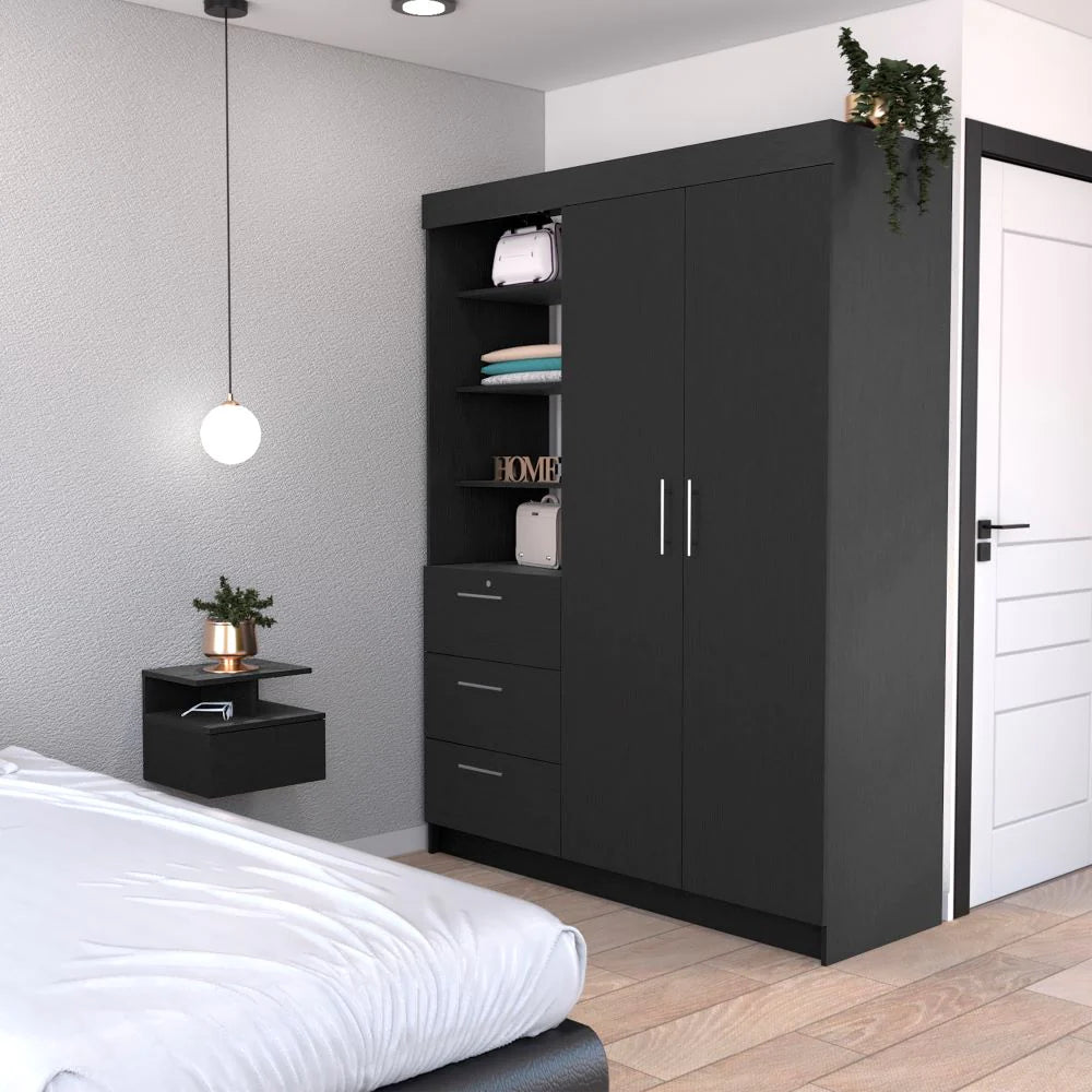 "Modern and Chic Kenya Bedroom Set: Stylish Armoire and Nightstand in Sleek Black Wengue Finish"