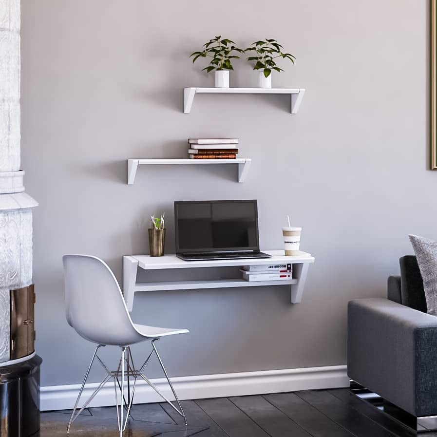 "Transform Your Space with the Reversible White Floating Wall Desk and Shelf - Perfect for Home, Office, and Study!"