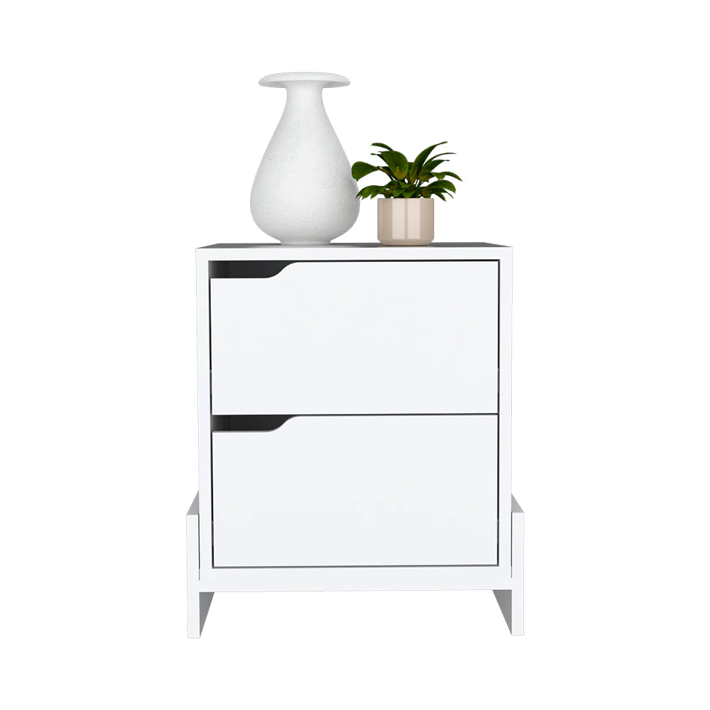 "Luxurious Brookland Nightstand: Elegant Bedside Table with Double Drawers, Strong Base, and Stunning White/Macadamia Finish"