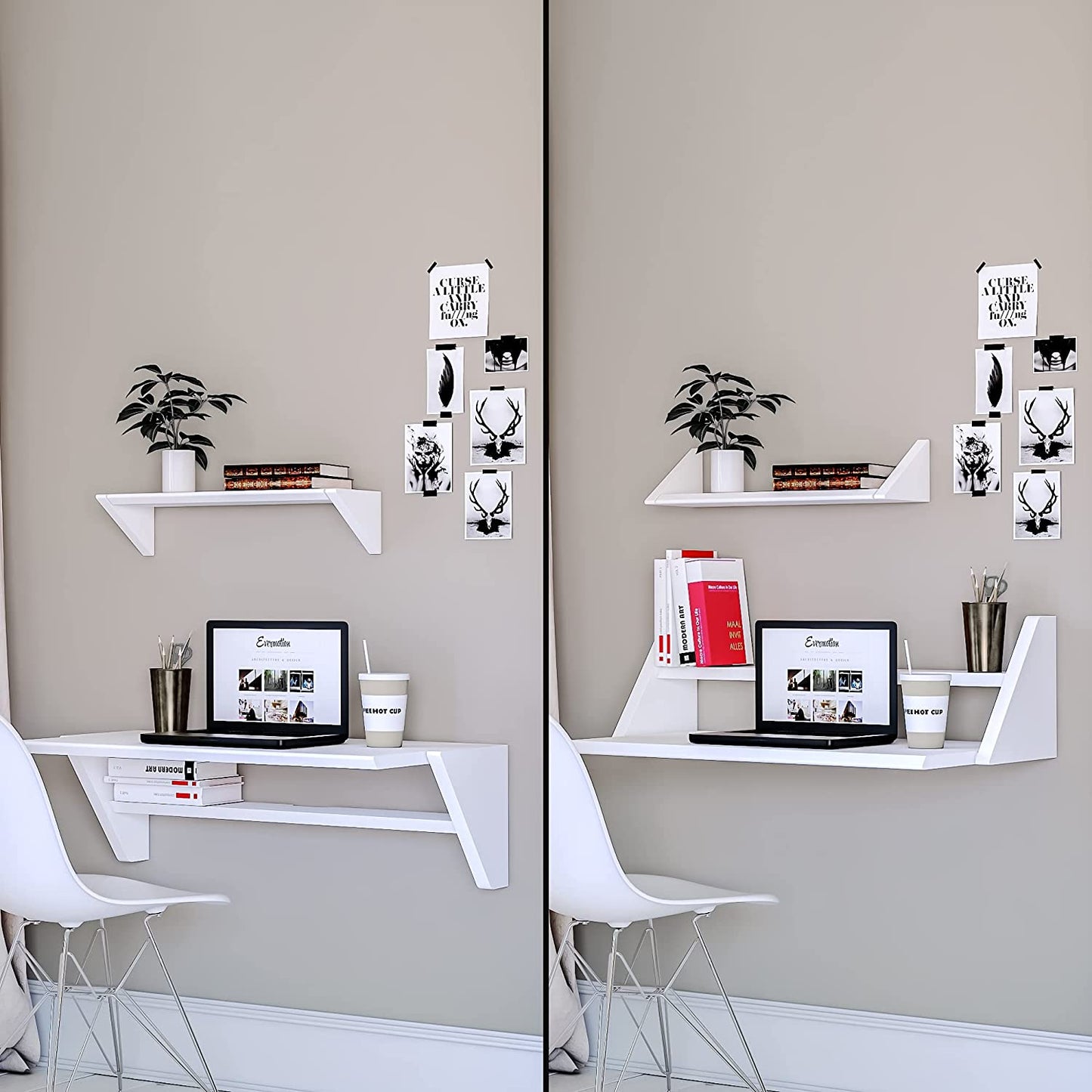 "Transform Your Space with the Reversible White Floating Wall Desk and Shelf - Perfect for Home, Office, and Study!"