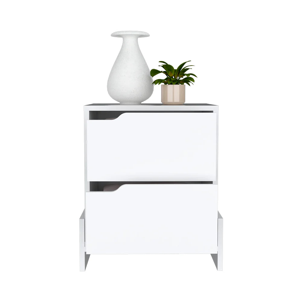 "Luxurious Brookland Nightstand: Elegant Bedside Table with Double Drawers, Strong Base, and Stunning White/Macadamia Finish"