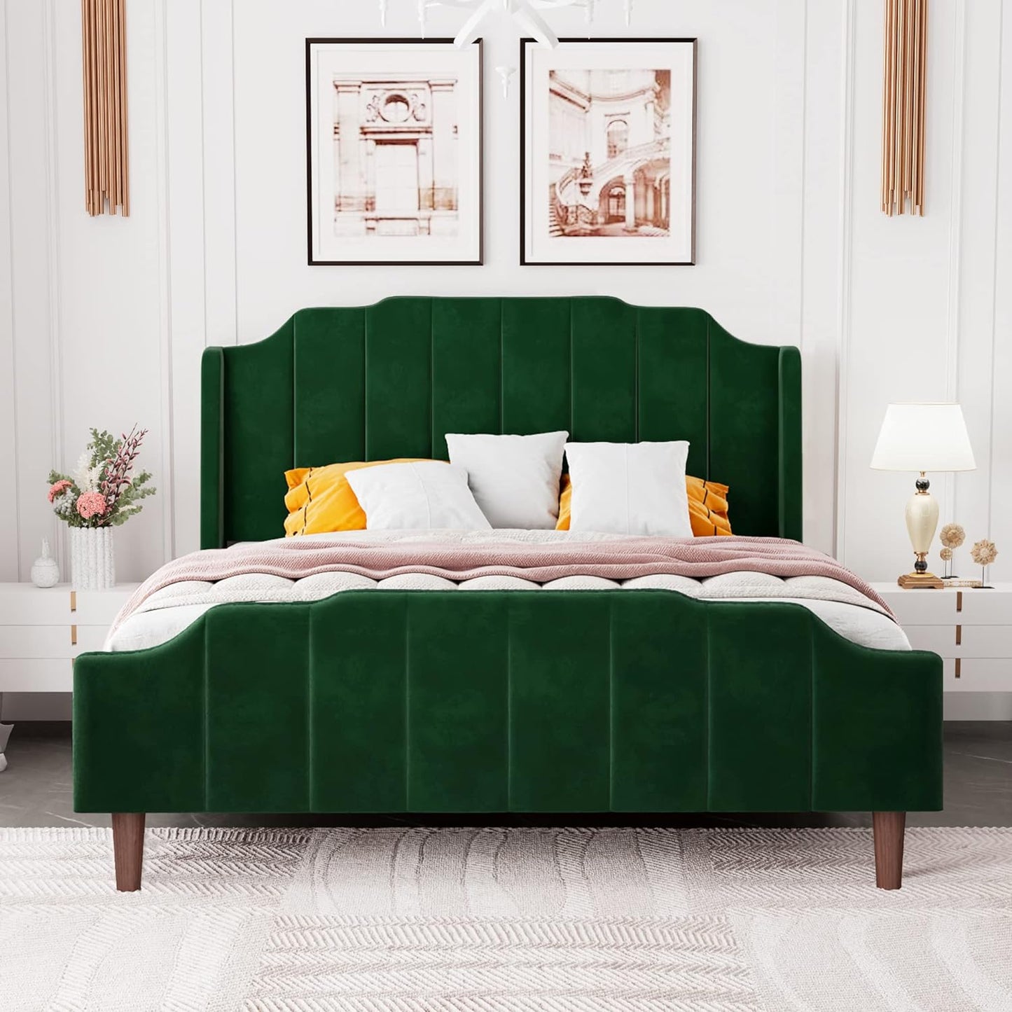 "Luxurious Queen Size Velvet Platform Bed with Elegant Wingback Headboard and Footboard - Solid Wood Frame, No Box Spring Required - Effortless Assembly - Stunning Green Design"