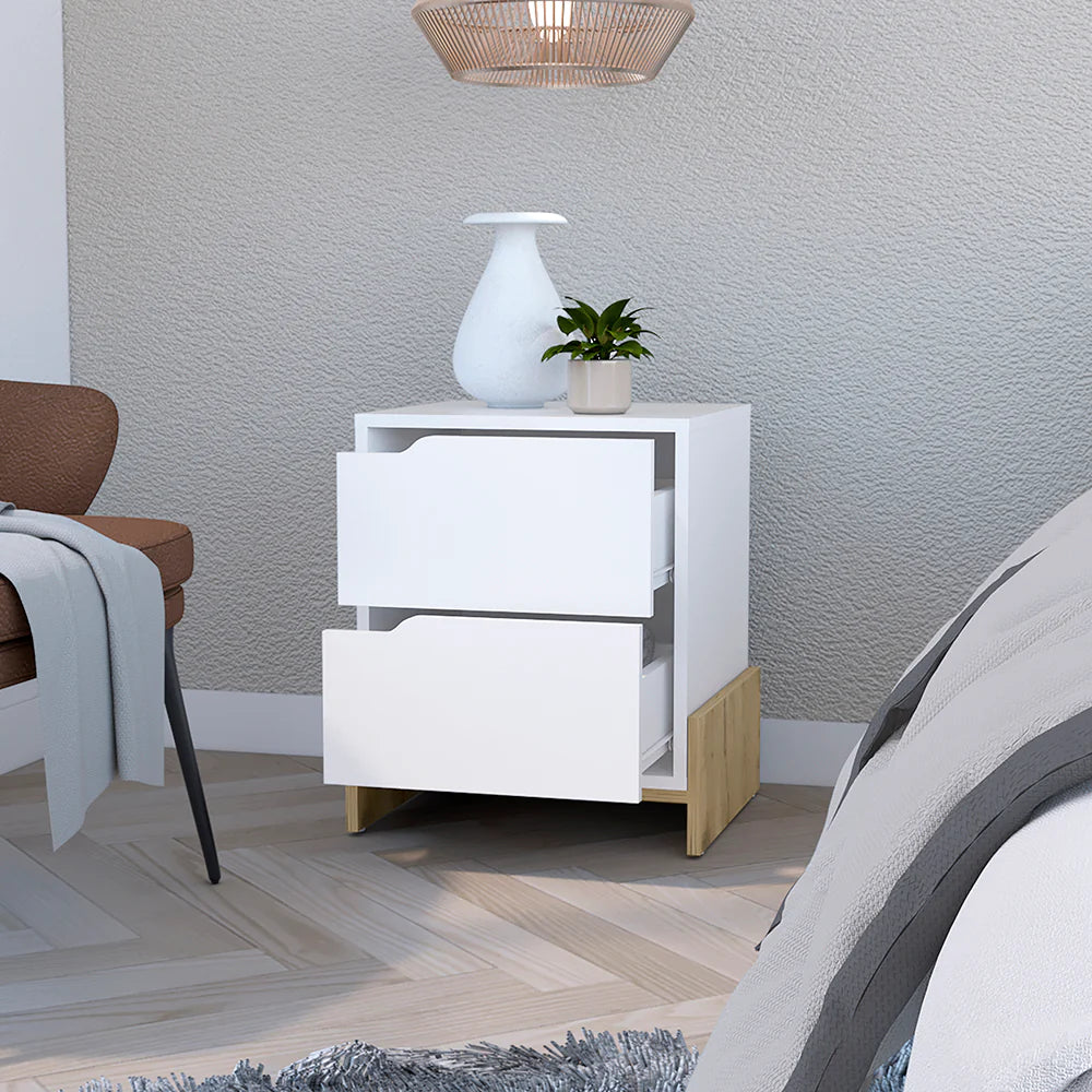 "Luxurious Brookland Nightstand: Elegant Bedside Table with Double Drawers, Strong Base, and Stunning White/Macadamia Finish"