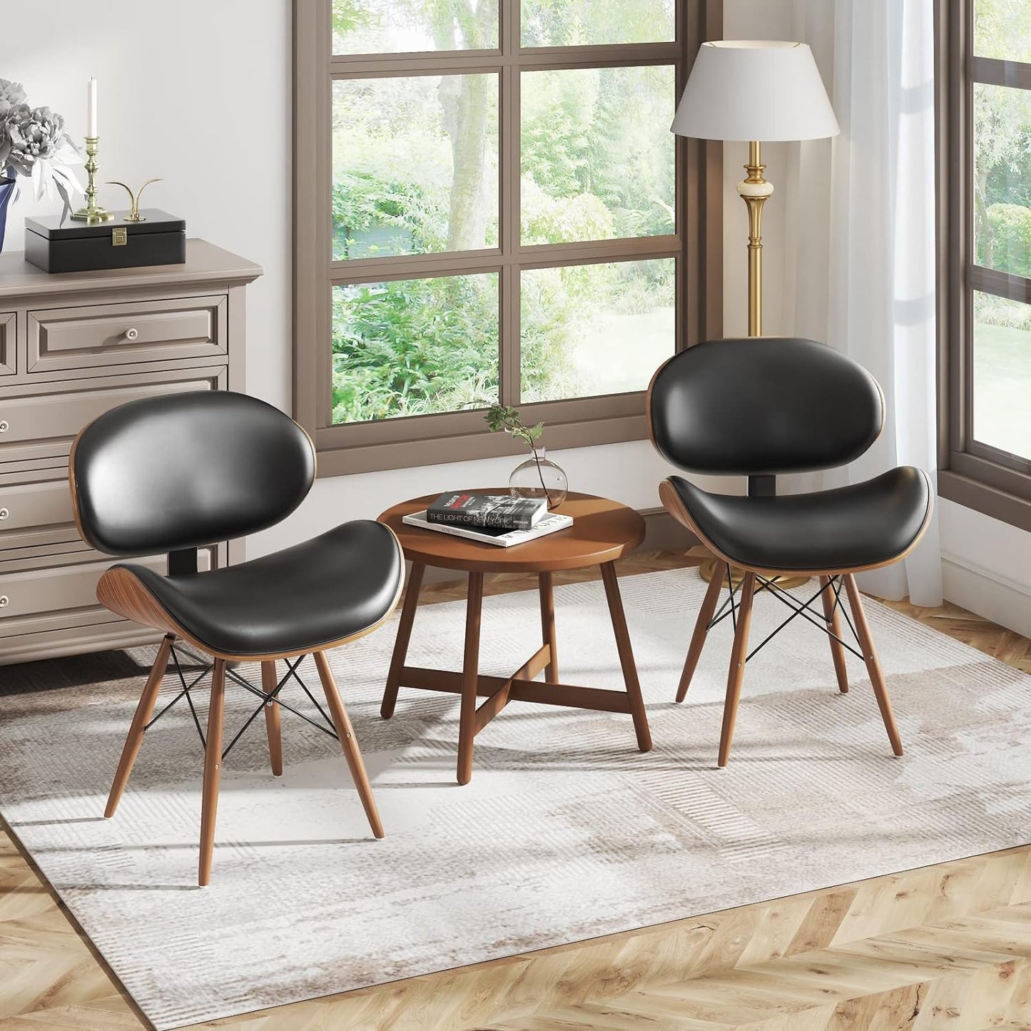 "Stylish Set of 4 Mid-Century Dining Chairs with Walnut Finish and Black Leather - Perfect for Modern Kitchens and Dining Rooms (Table Not Included)"