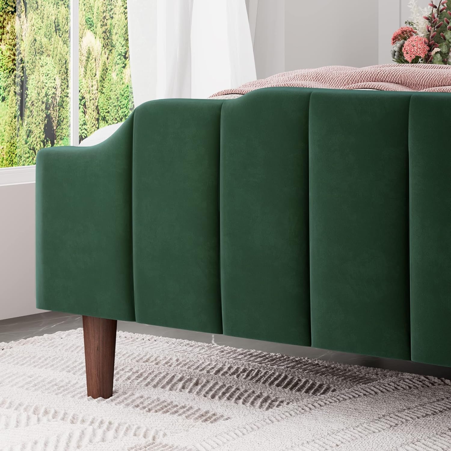 "Luxurious Queen Size Velvet Platform Bed with Elegant Wingback Headboard and Footboard - Solid Wood Frame, No Box Spring Required - Effortless Assembly - Stunning Green Design"