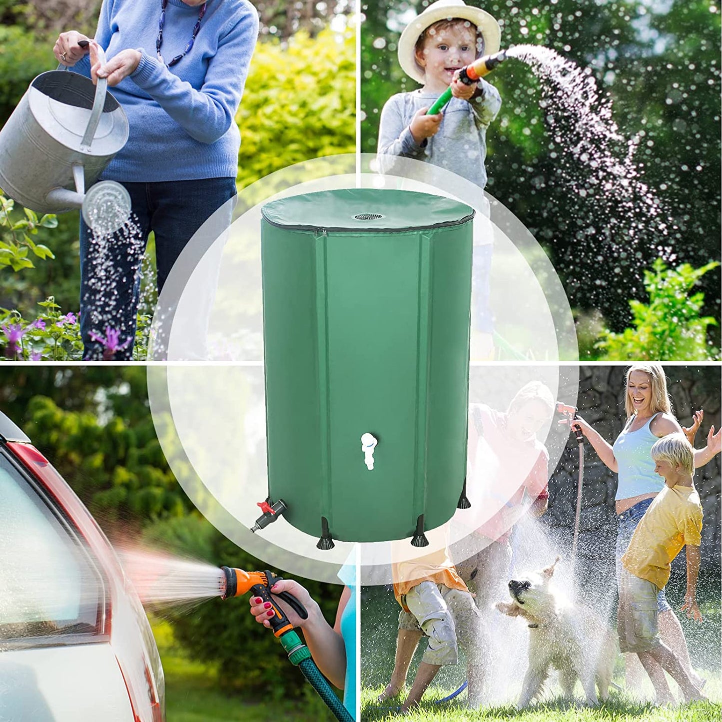 "Save Water and Money with Our Convenient and Eco-Friendly Collapsible Rain Barrel - Perfect for Gardeners and Outdoor Enthusiasts! (53 Gallon Green with Zipper)"