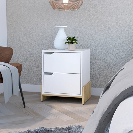 "Luxurious Brookland Nightstand: Elegant Bedside Table with Double Drawers, Strong Base, and Stunning White/Macadamia Finish"