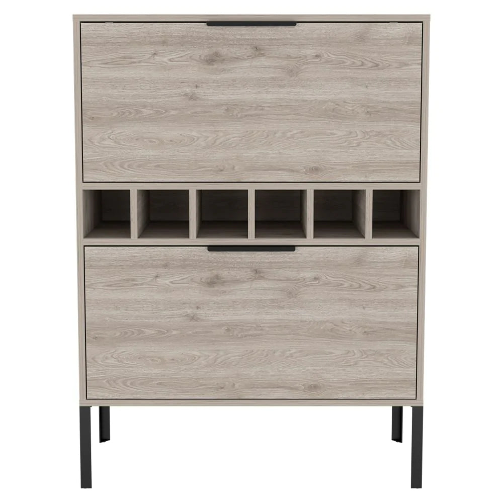 "Stylish Bar Cabinet with Wine Cubbies and Double Door Cabinet in Light Gray Finish - Puertu Collection"