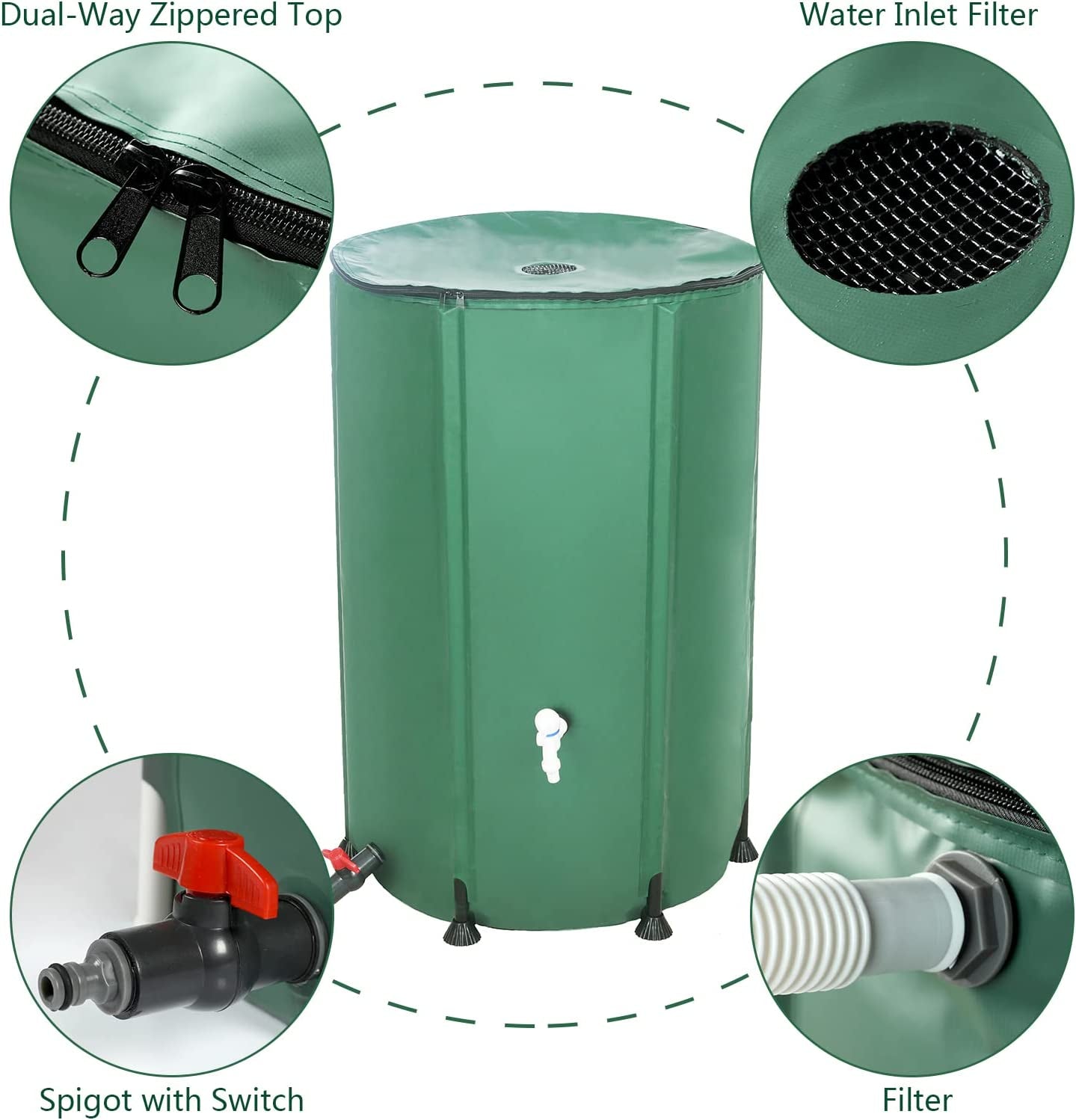 "Save Water and Money with Our Convenient and Eco-Friendly Collapsible Rain Barrel - Perfect for Gardeners and Outdoor Enthusiasts! (53 Gallon Green with Zipper)"