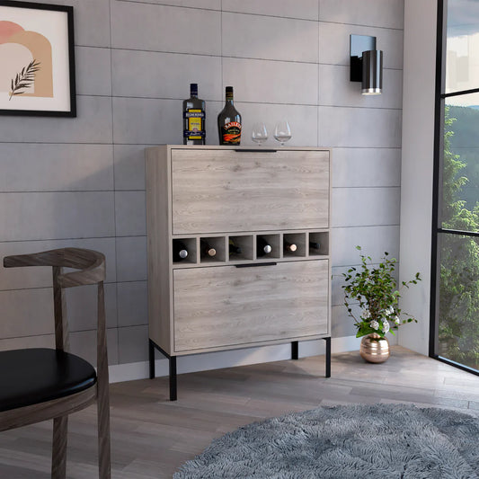 "Stylish Bar Cabinet with Wine Cubbies and Double Door Cabinet in Light Gray Finish - Puertu Collection"