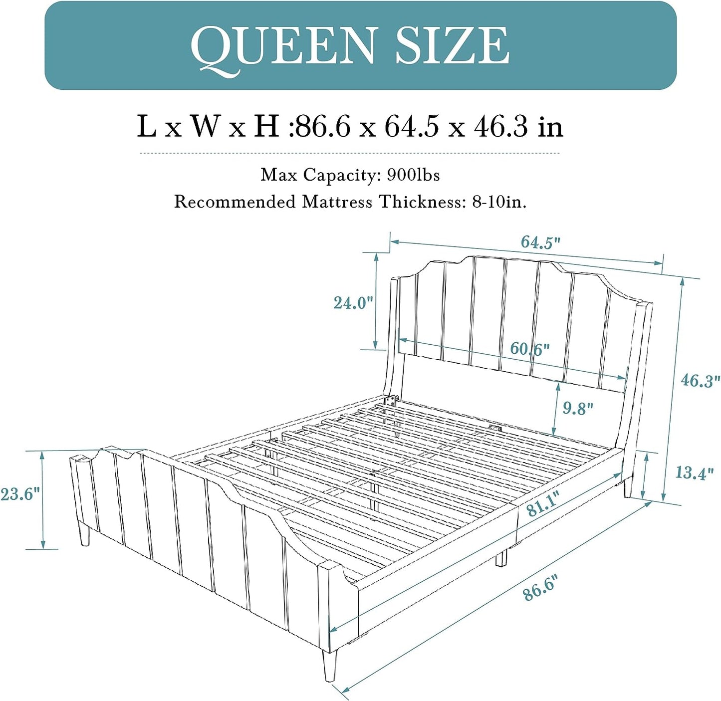 "Luxurious Queen Size Velvet Platform Bed with Elegant Wingback Headboard and Footboard - Solid Wood Frame, No Box Spring Required - Effortless Assembly - Stunning Green Design"