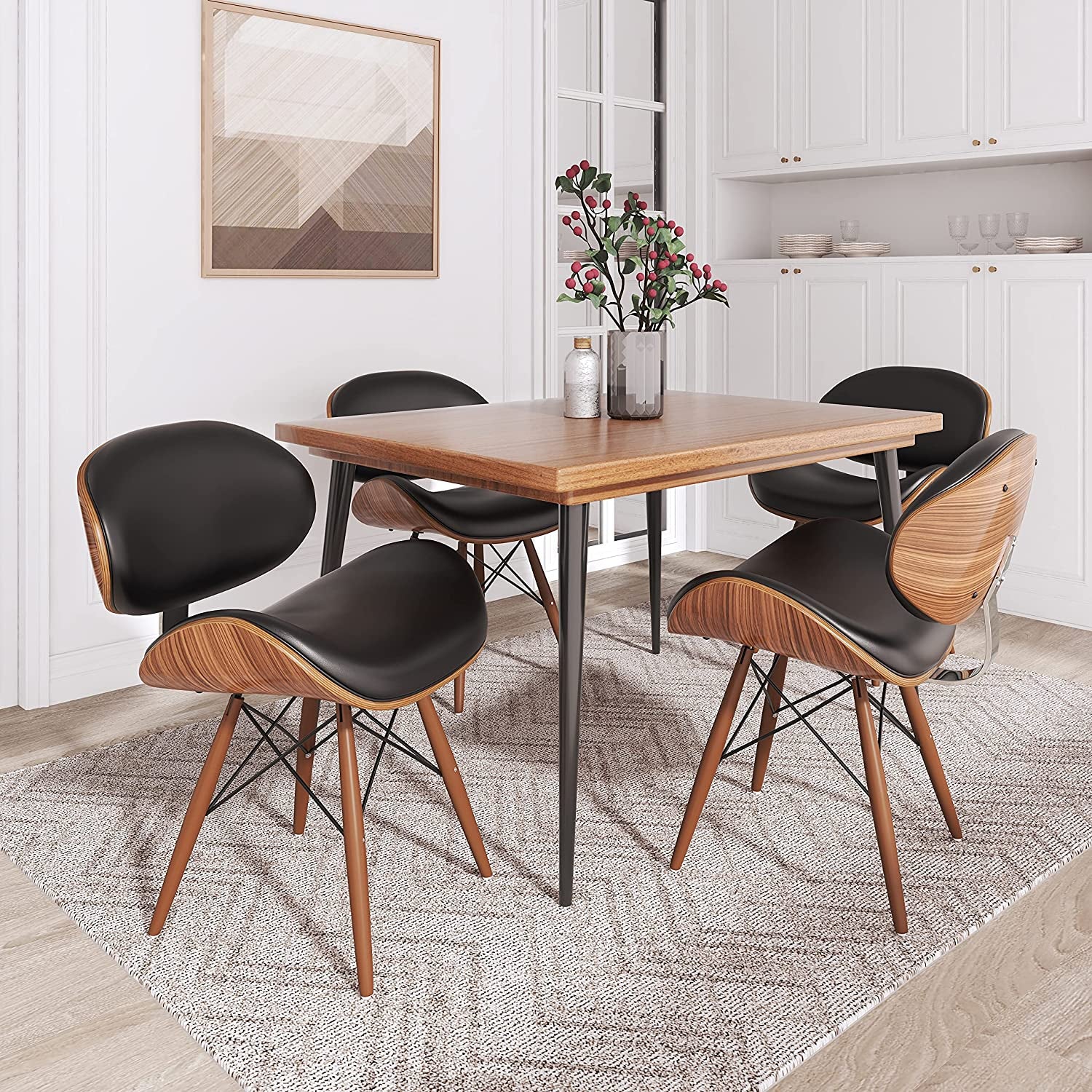 "Stylish Set of 4 Mid-Century Dining Chairs with Walnut Finish and Black Leather - Perfect for Modern Kitchens and Dining Rooms (Table Not Included)"